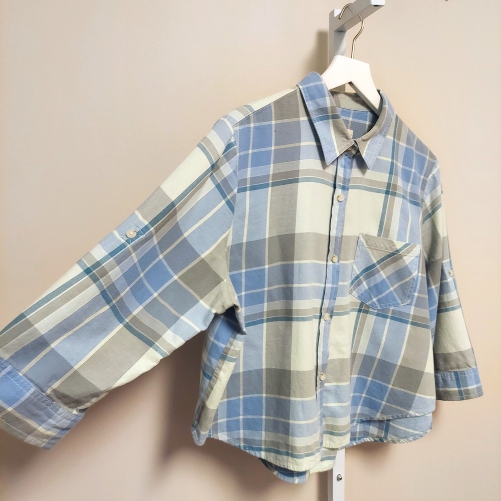 Mossimo Supply Co Womens XL Boxy Plaid Roll Tab Sleeve Button Down Shirt Layer